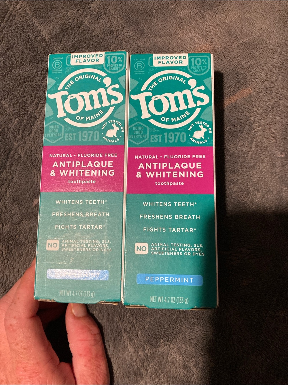 2 of Toms Antiplaque & Whitening Toothpaste Peppermint - Teal and Pink Boxes